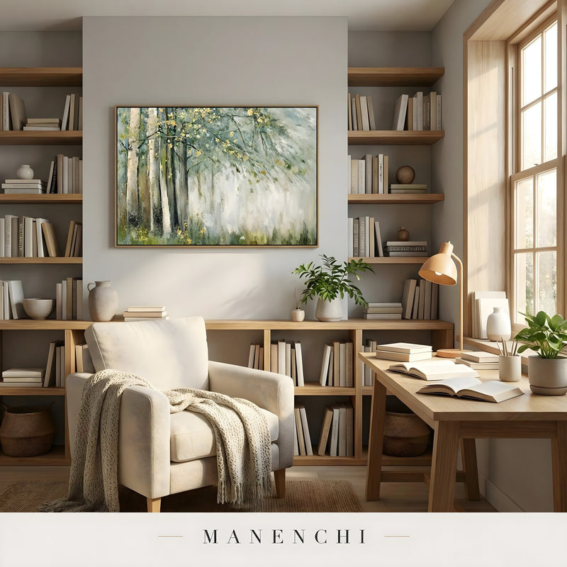 Gilded Forest Mist abstract painting displayed in cozy home office