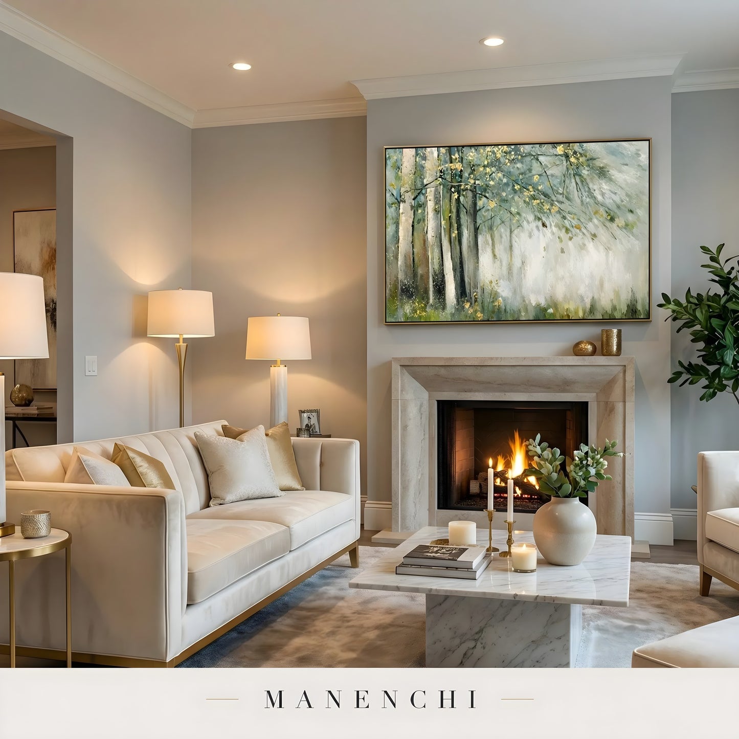 Gilded Forest Mist abstract painting displayed in fireplace living room