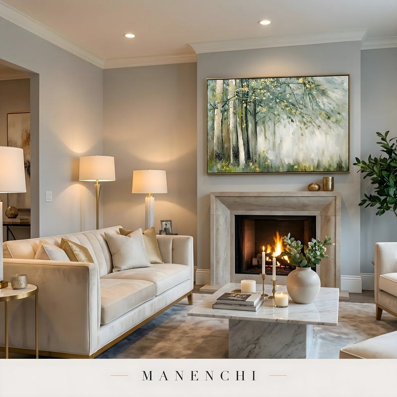 Gilded Forest Mist abstract painting displayed in fireplace living room
