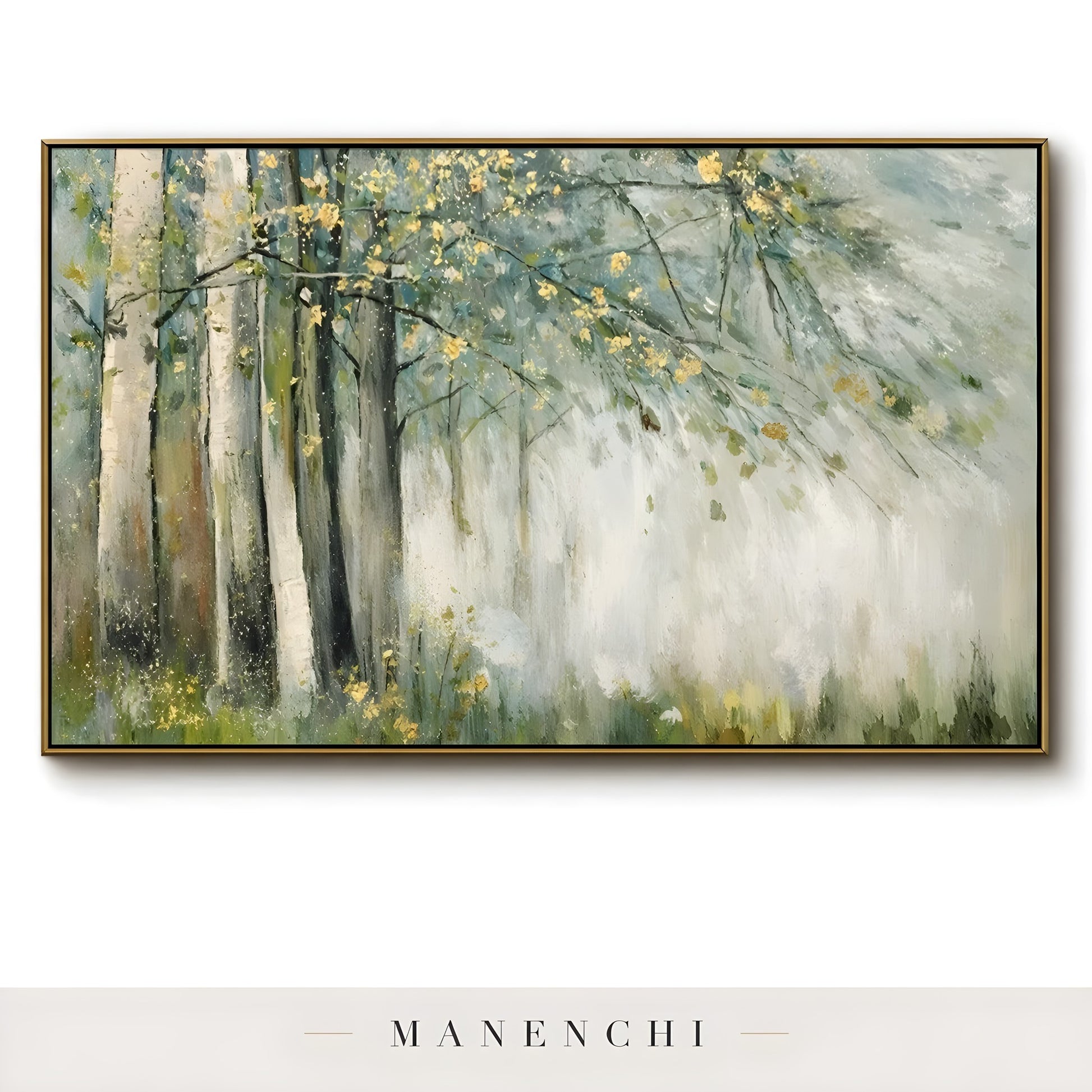 Gilded Forest Mist abstract painting displayed in framed art piece