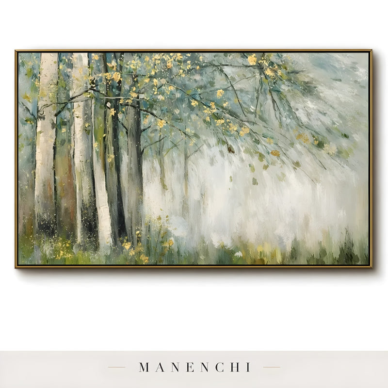 Gilded Forest Mist abstract painting displayed in framed art piece