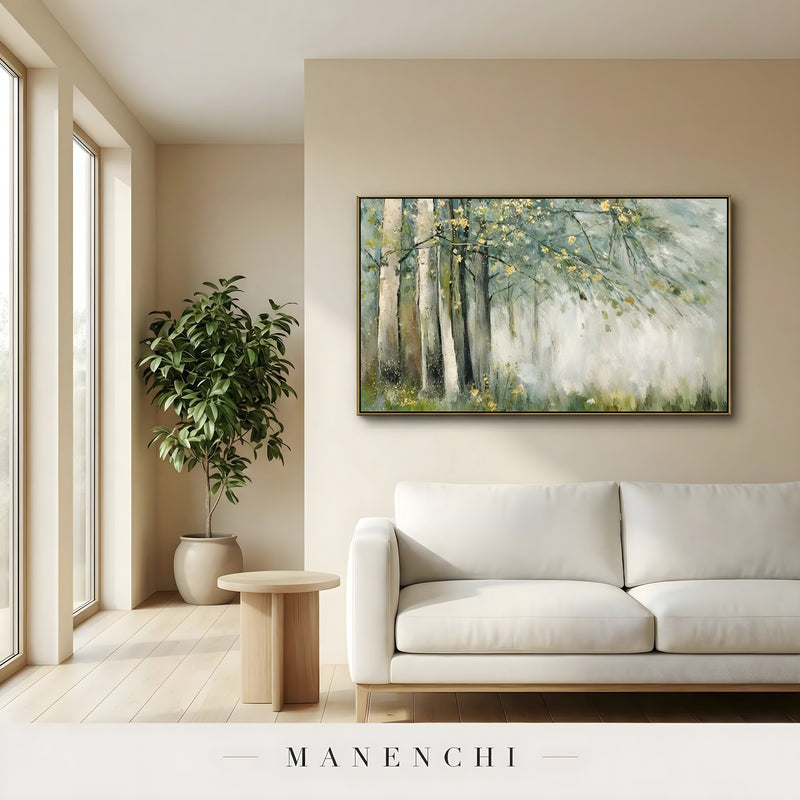 Gilded Forest Mist abstract painting displayed in living room sofa