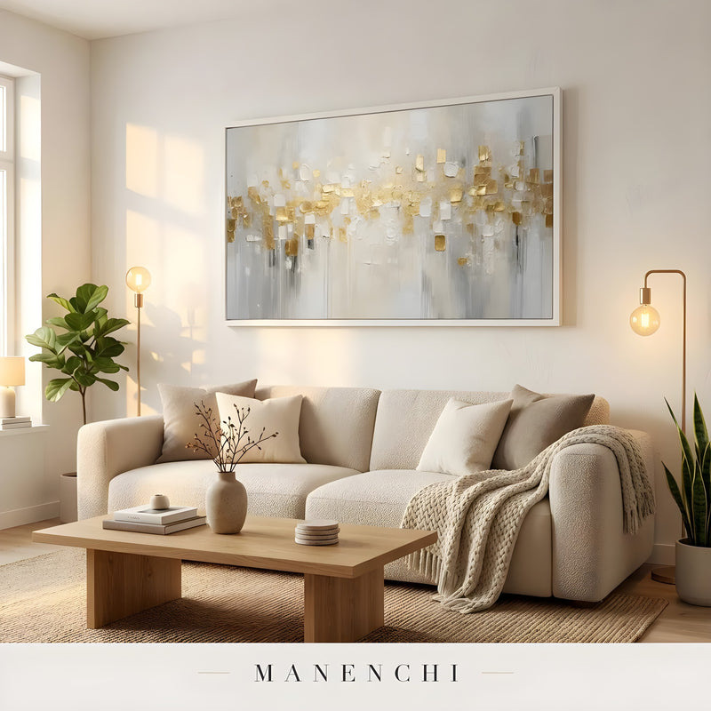 Gilded Ivory Mosaic abstract painting displayed in cozy living room display