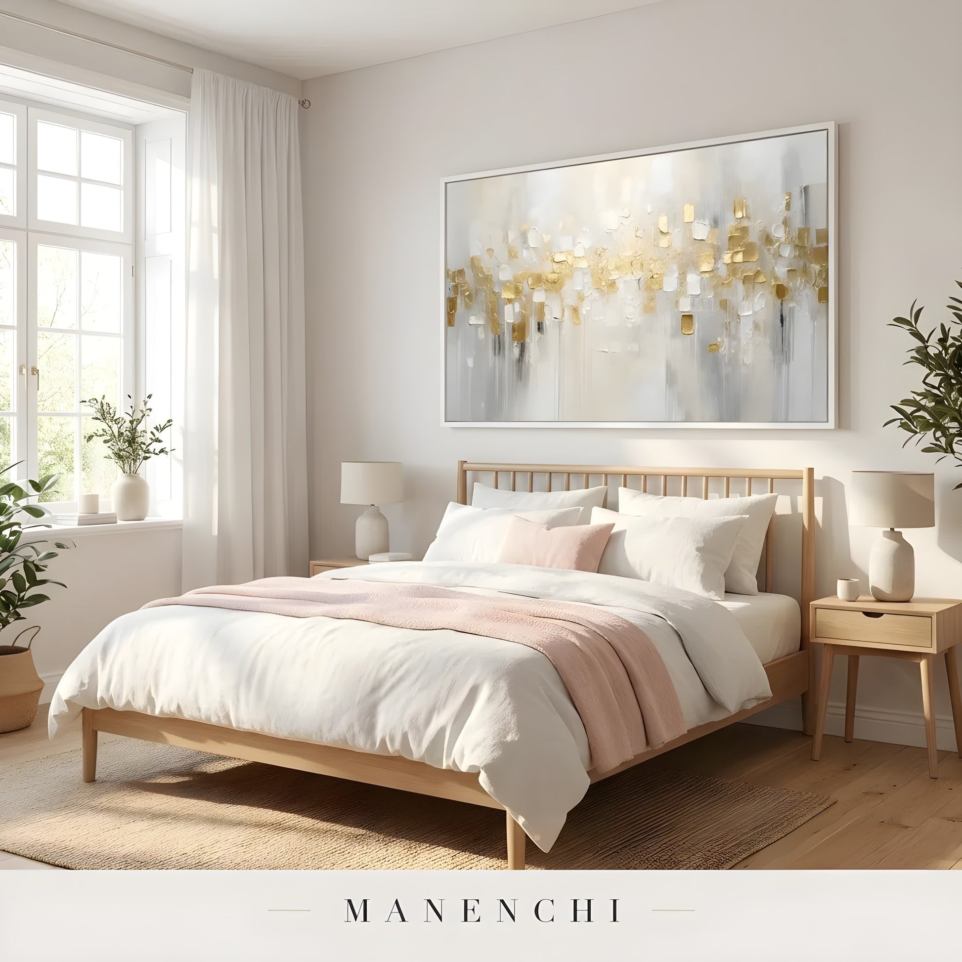 Gilded Ivory Mosaic abstract painting displayed in elegant master bedroom styling