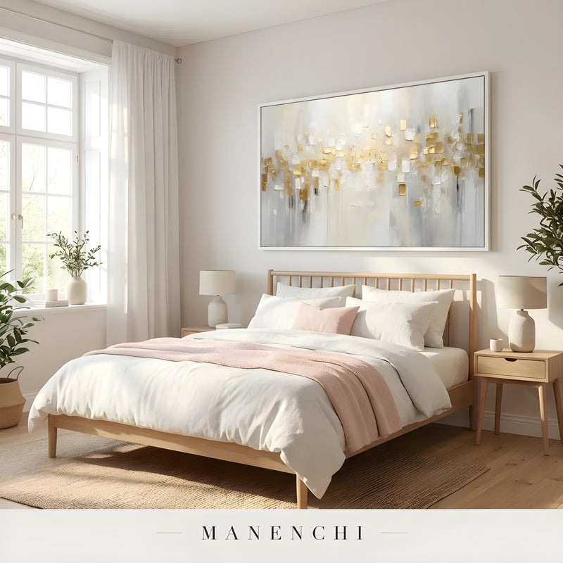 Gilded Ivory Mosaic abstract painting displayed in elegant master bedroom styling