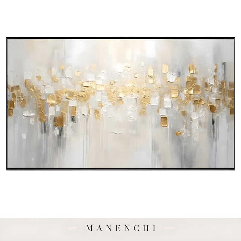 Gilded Ivory Mosaic abstract painting displayed in isolated framed artwork view