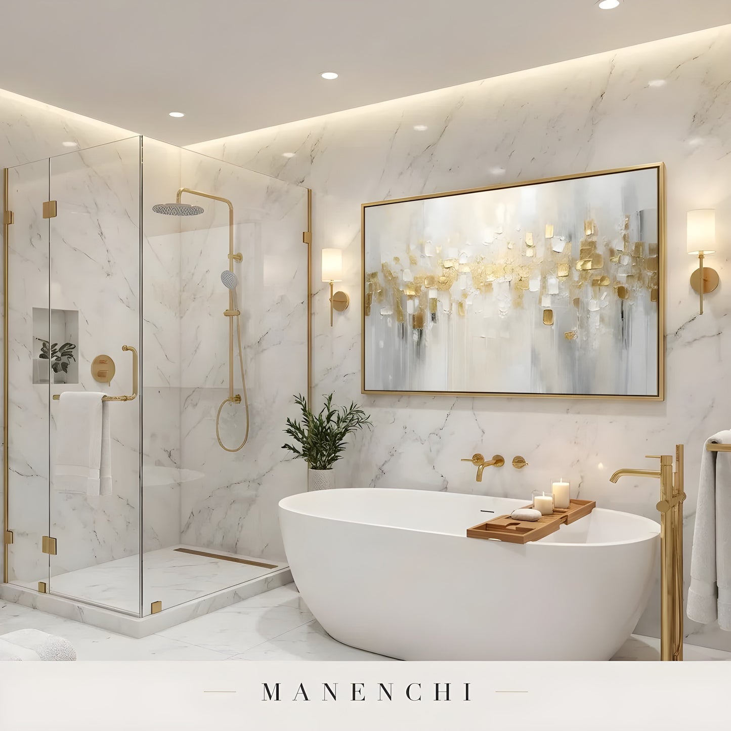 Gilded Ivory Mosaic abstract painting displayed in luxury marble bathroom decor