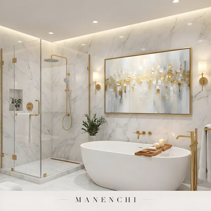 Gilded Ivory Mosaic abstract painting displayed in luxury marble bathroom decor