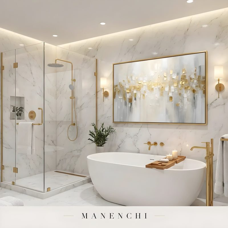Gilded Ivory Mosaic abstract painting displayed in luxury marble bathroom decor