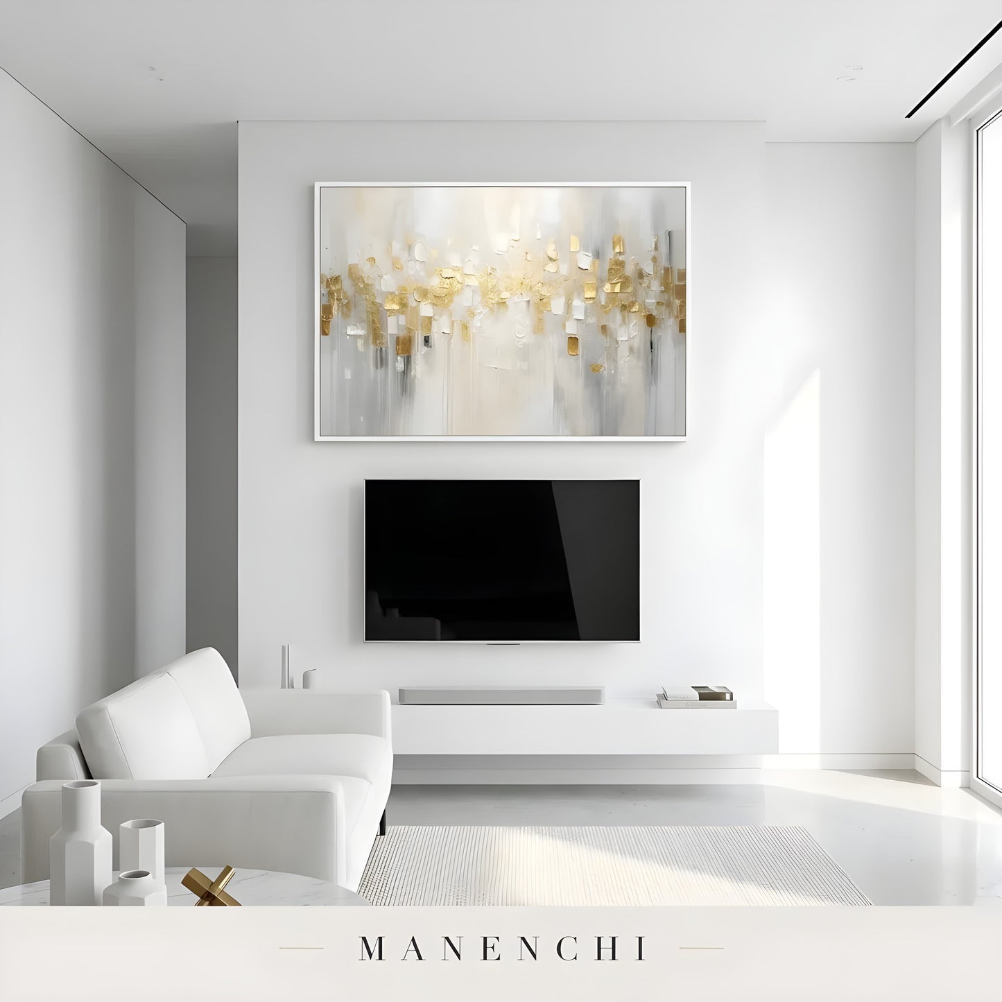 Gilded Ivory Mosaic abstract painting displayed in modern minimalist living area