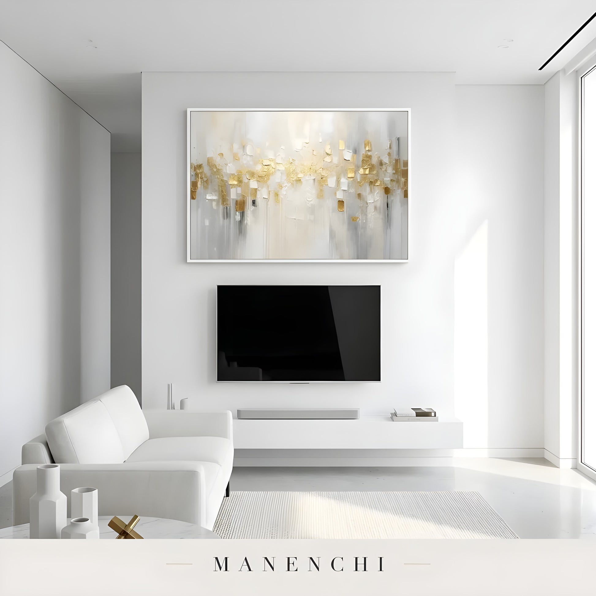 Gilded Ivory Mosaic abstract painting displayed in modern minimalist living area