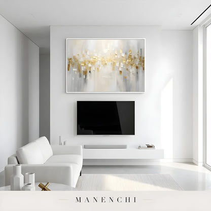 Gilded Ivory Mosaic abstract painting displayed in modern minimalist living area