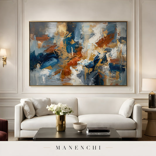 Gilded Maritime Convergence abstract painting displayed in classic living room display
