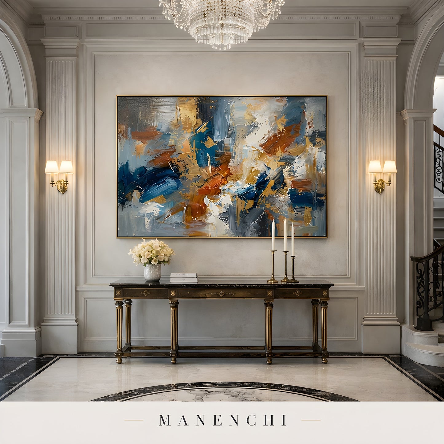 Gilded Maritime Convergence abstract painting displayed in elegant foyer hallway decor
