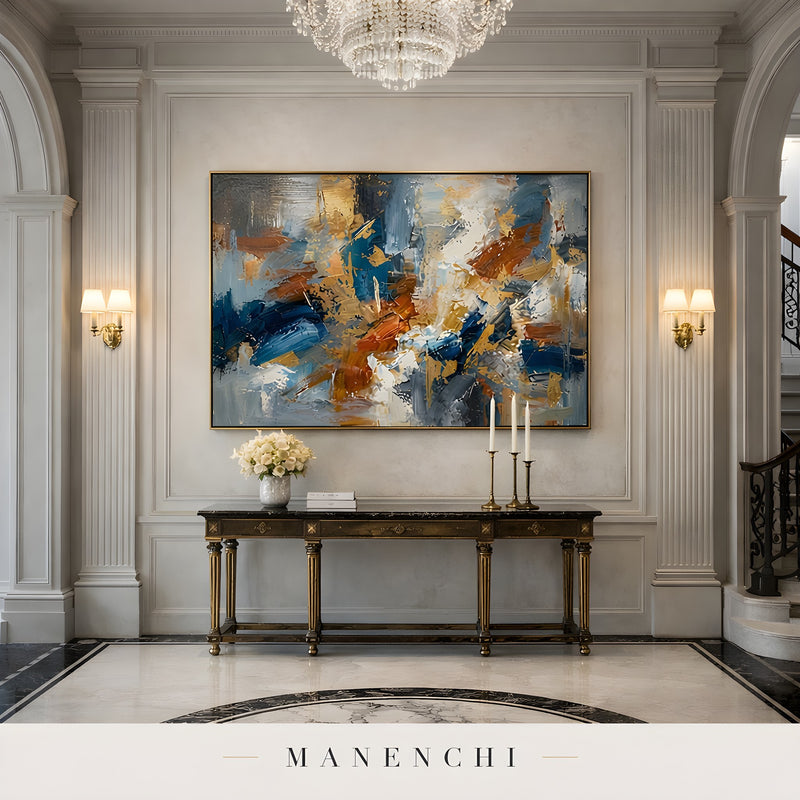 Gilded Maritime Convergence abstract painting displayed in elegant foyer hallway decor