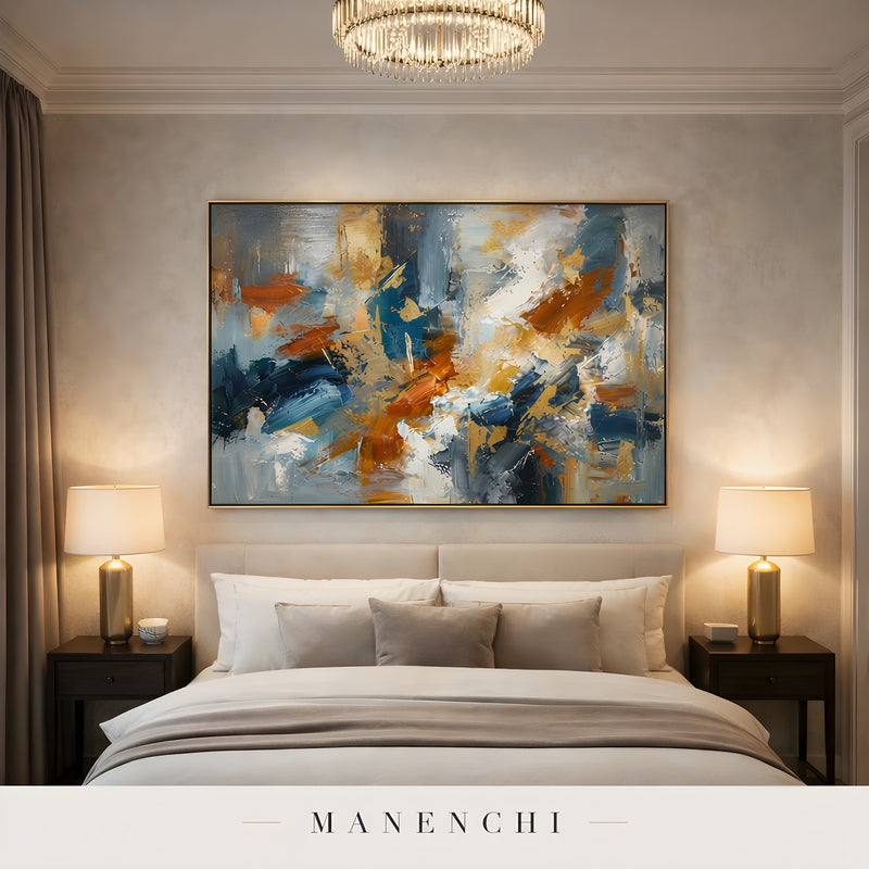 Gilded Maritime Convergence abstract painting displayed in luxurious bedroom interior view