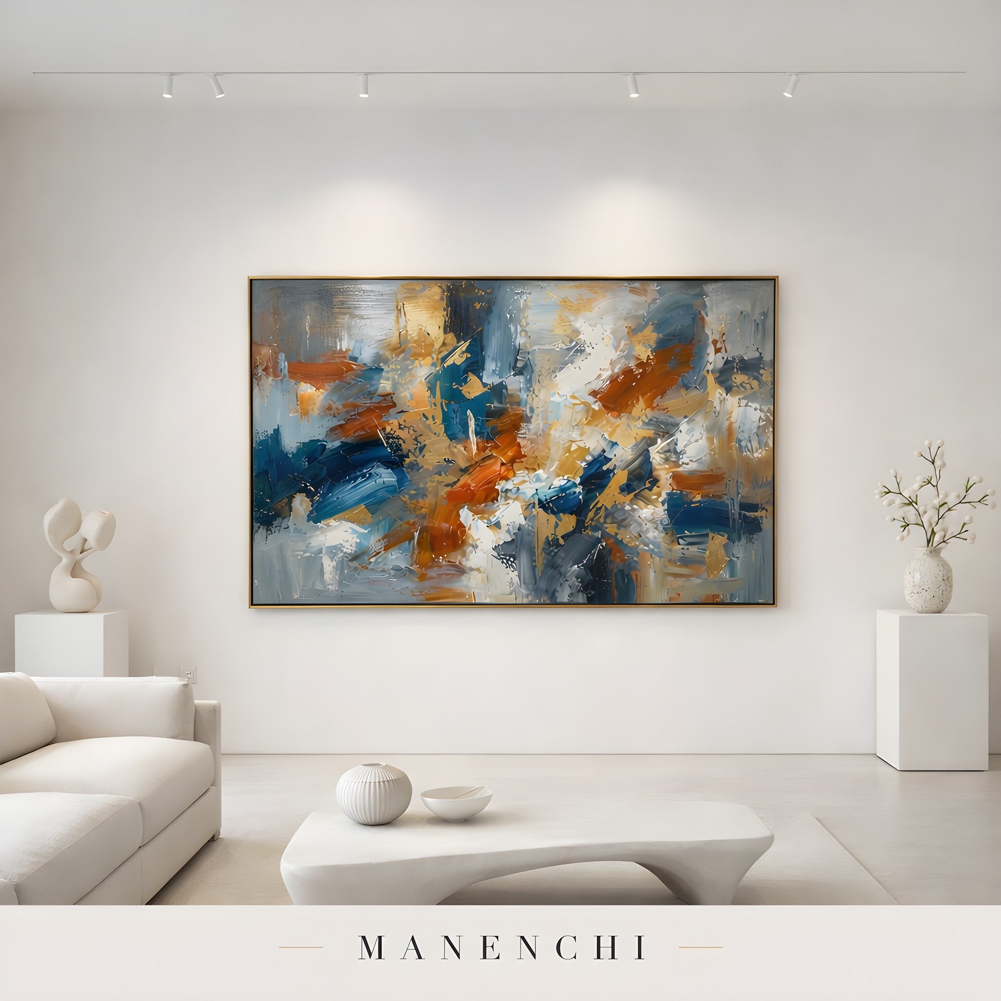 Gilded Maritime Convergence abstract painting displayed in minimalist living room setup