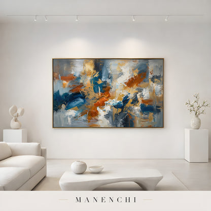 Gilded Maritime Convergence abstract painting displayed in minimalist living room setup