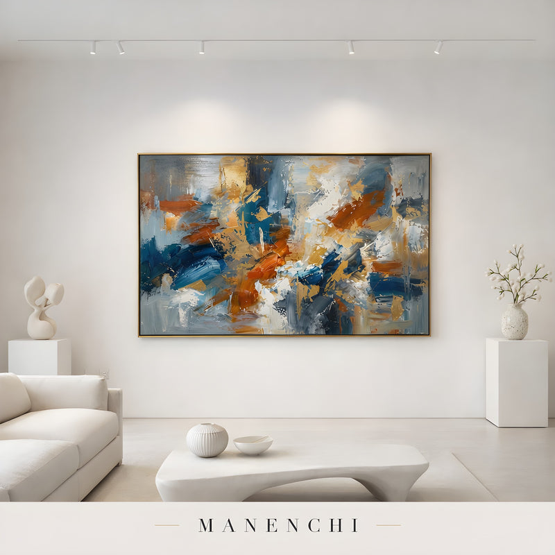Gilded Maritime Convergence abstract painting displayed in minimalist living room setup