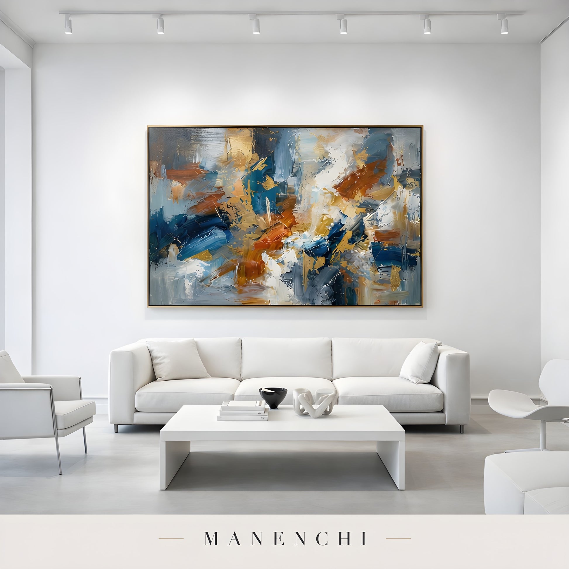 Gilded Maritime Convergence abstract painting displayed in modern living room staging