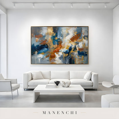 Gilded Maritime Convergence abstract painting displayed in modern living room staging
