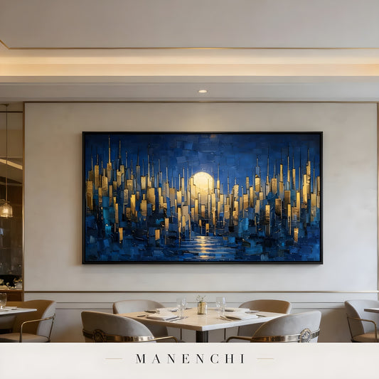 Gilded Metropolis Horizon abstract painting displayed in dining room