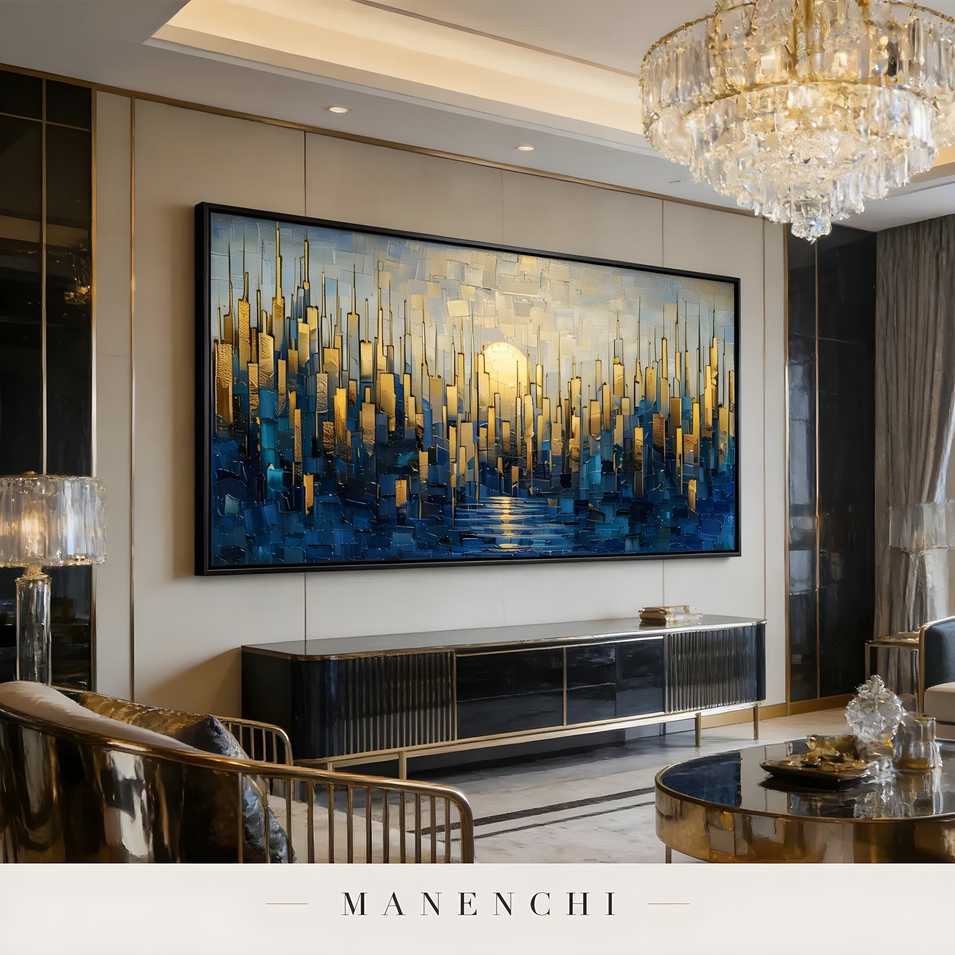 Gilded Metropolis Horizon abstract painting displayed in elegant living room
