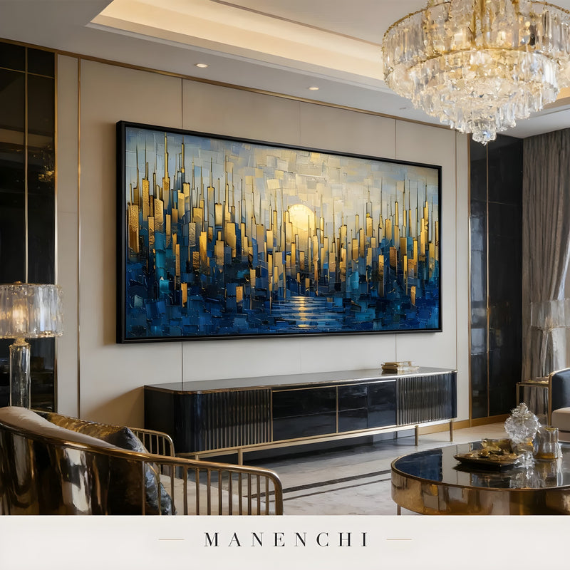 Gilded Metropolis Horizon abstract painting displayed in elegant living room