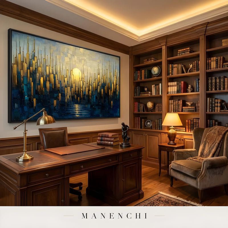 Gilded Metropolis Horizon abstract painting displayed in home office library