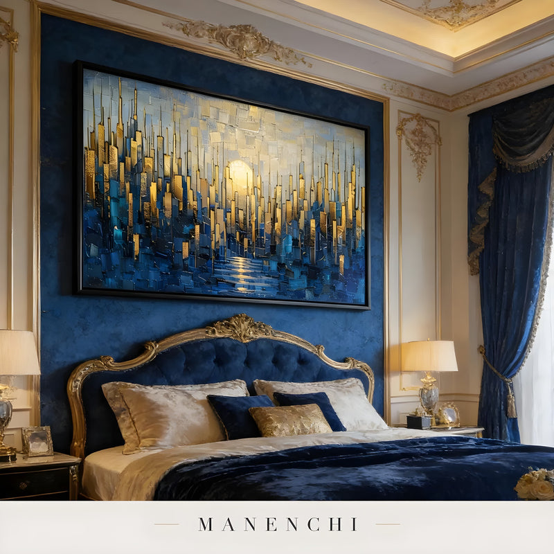 Gilded Metropolis Horizon abstract painting displayed in luxury master bedroom