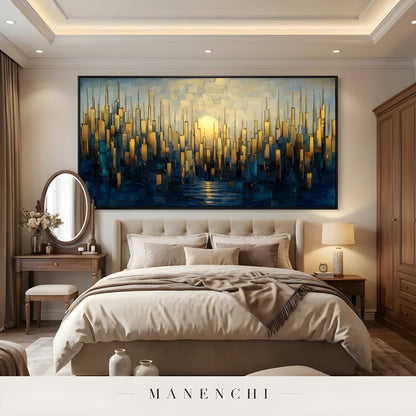 Gilded Metropolis Horizon abstract painting displayed in modern bedroom