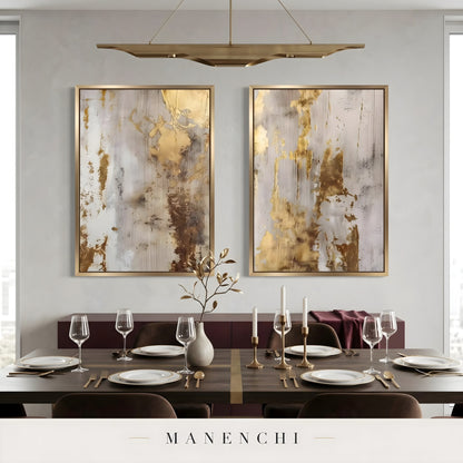 Gilded Neutral Abstraction abstract painting displayed in dining room setting