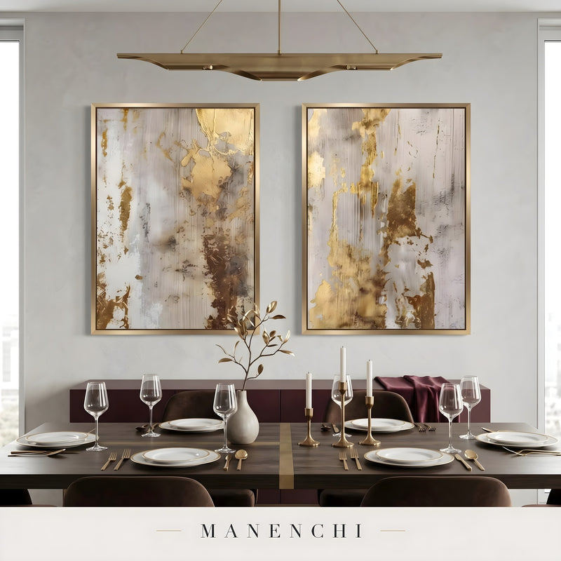 Gilded Neutral Abstraction abstract painting displayed in dining room setting