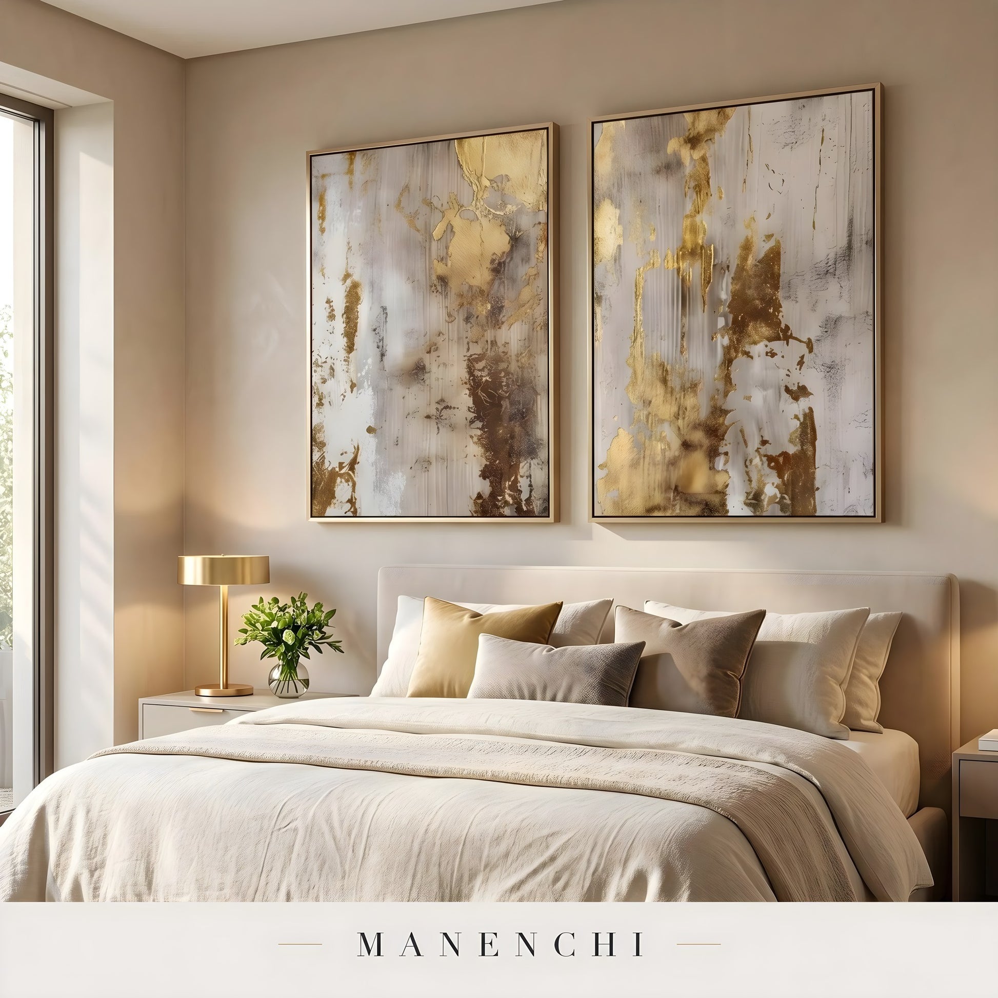Gilded Neutral Abstraction abstract painting displayed in elegant bedroom decor