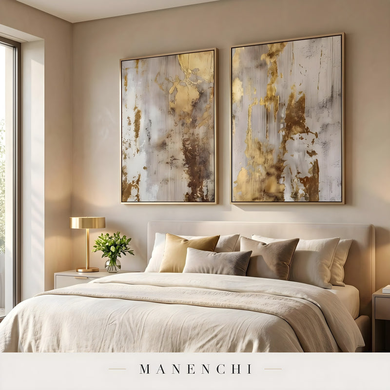 Gilded Neutral Abstraction abstract painting displayed in elegant bedroom decor