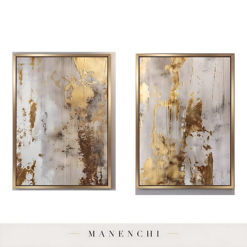 Gilded Neutral Abstraction abstract painting displayed in framed canvas art pair
