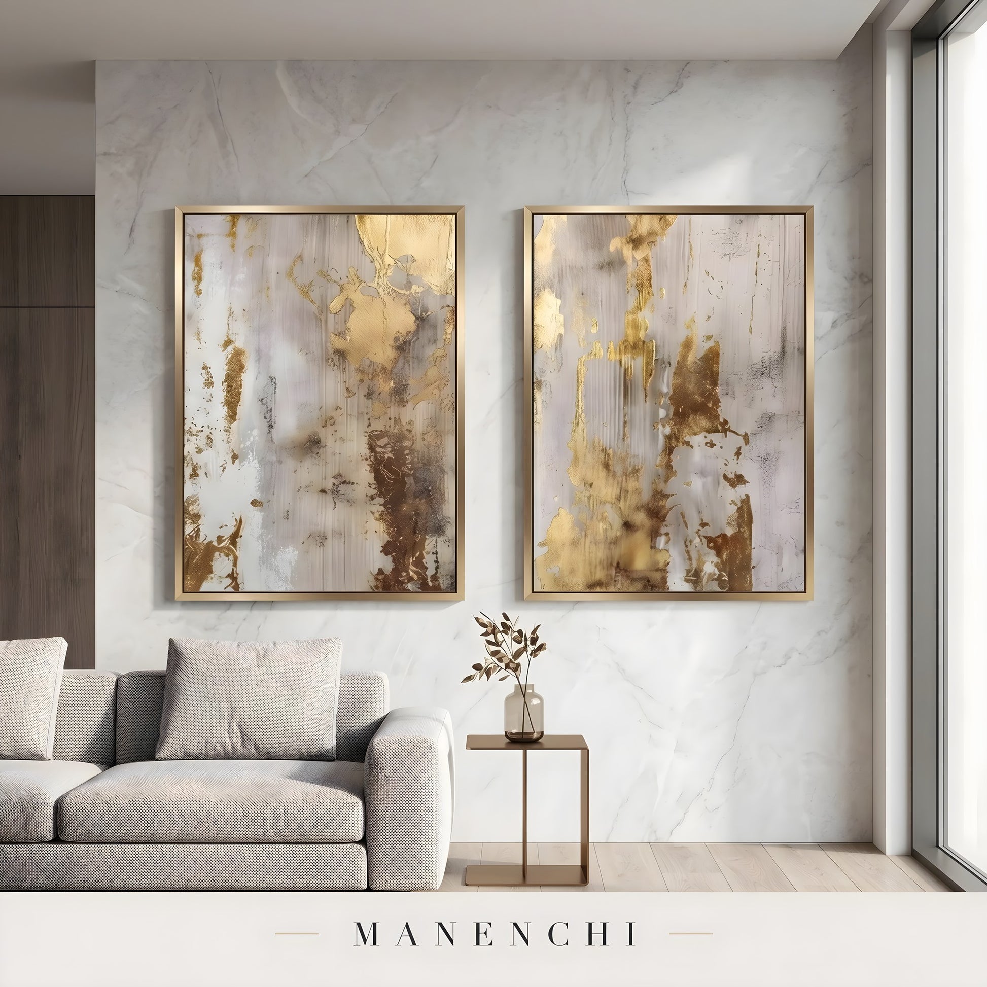 Gilded Neutral Abstraction abstract painting displayed in living room sofa display