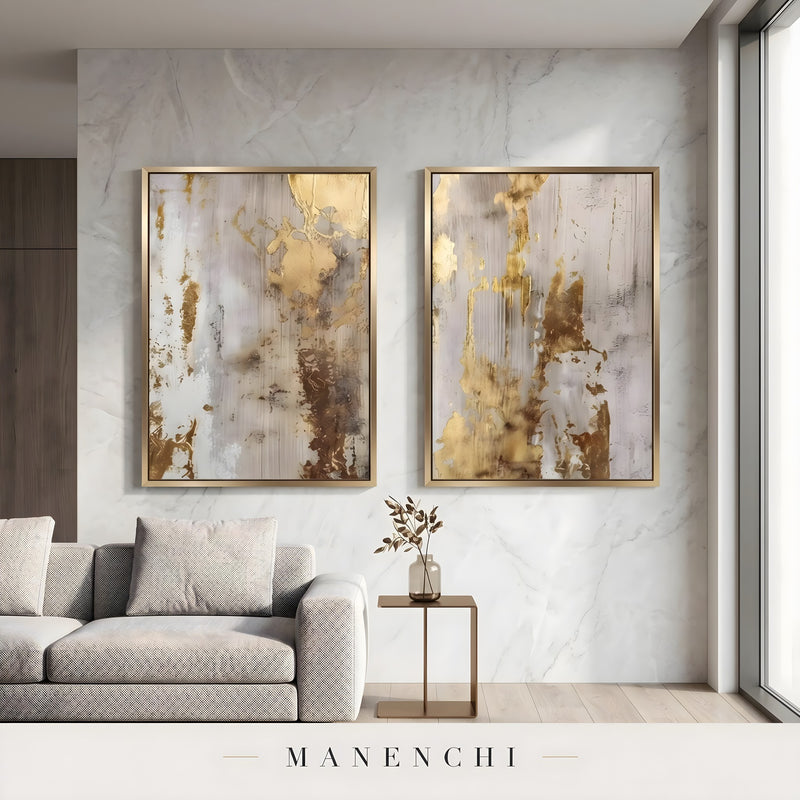 Gilded Neutral Abstraction abstract painting displayed in living room sofa display