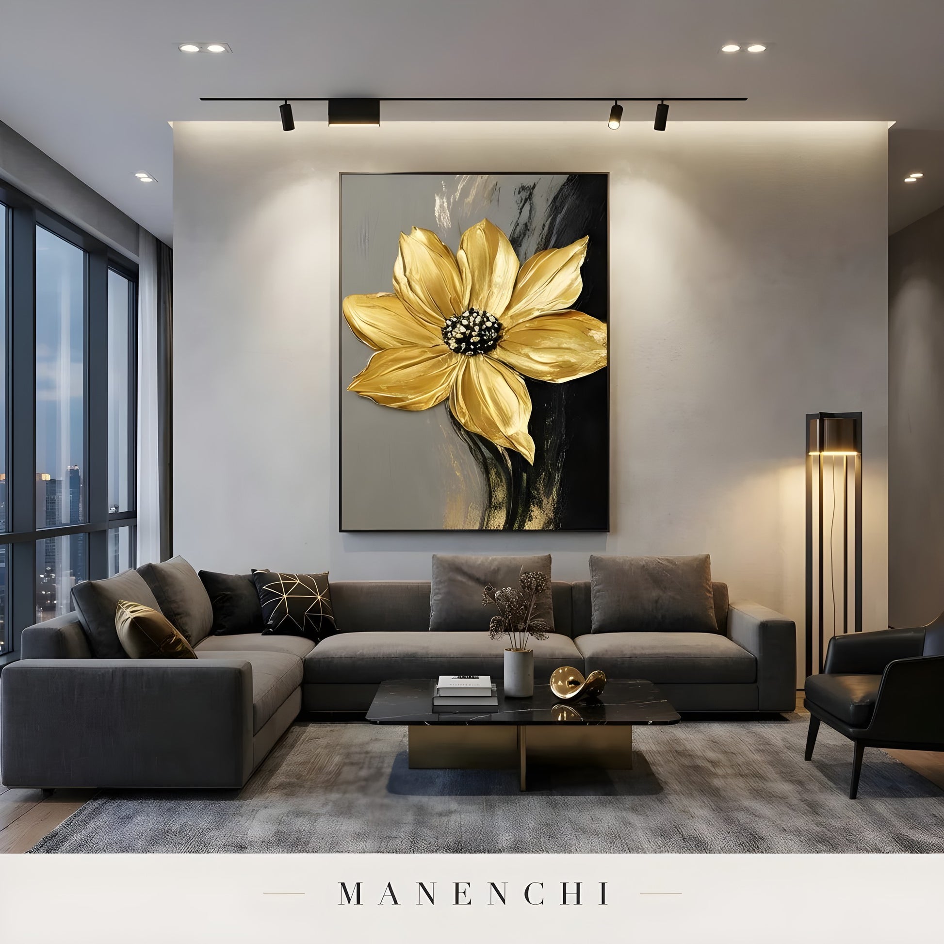 Gilded Obsidian Bloom abstract painting displayed in contemporary living room interior