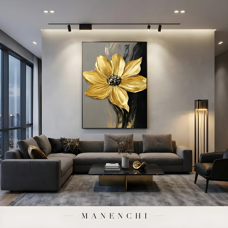 Gilded Obsidian Bloom abstract painting displayed in contemporary living room interior