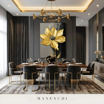 Gilded Obsidian Bloom abstract painting displayed in elegant dining room setting