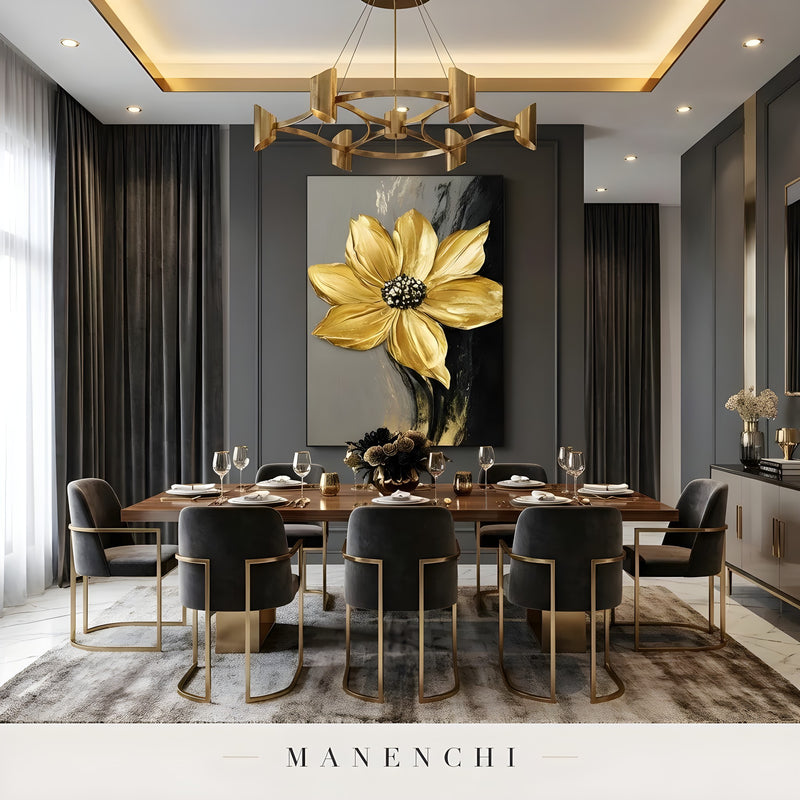 Gilded Obsidian Bloom abstract painting displayed in elegant dining room setting