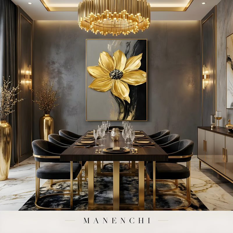 Gilded Obsidian Bloom abstract painting displayed in formal dining room table