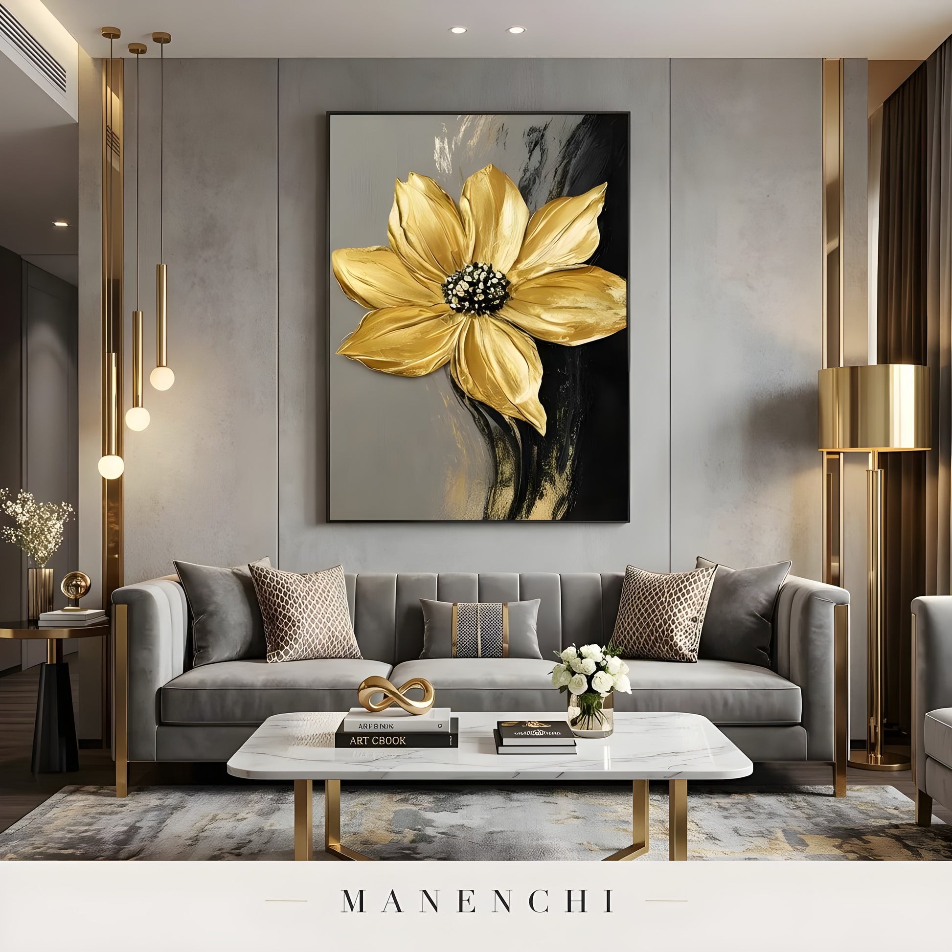 Gilded Obsidian Bloom abstract painting displayed in living room sofa display
