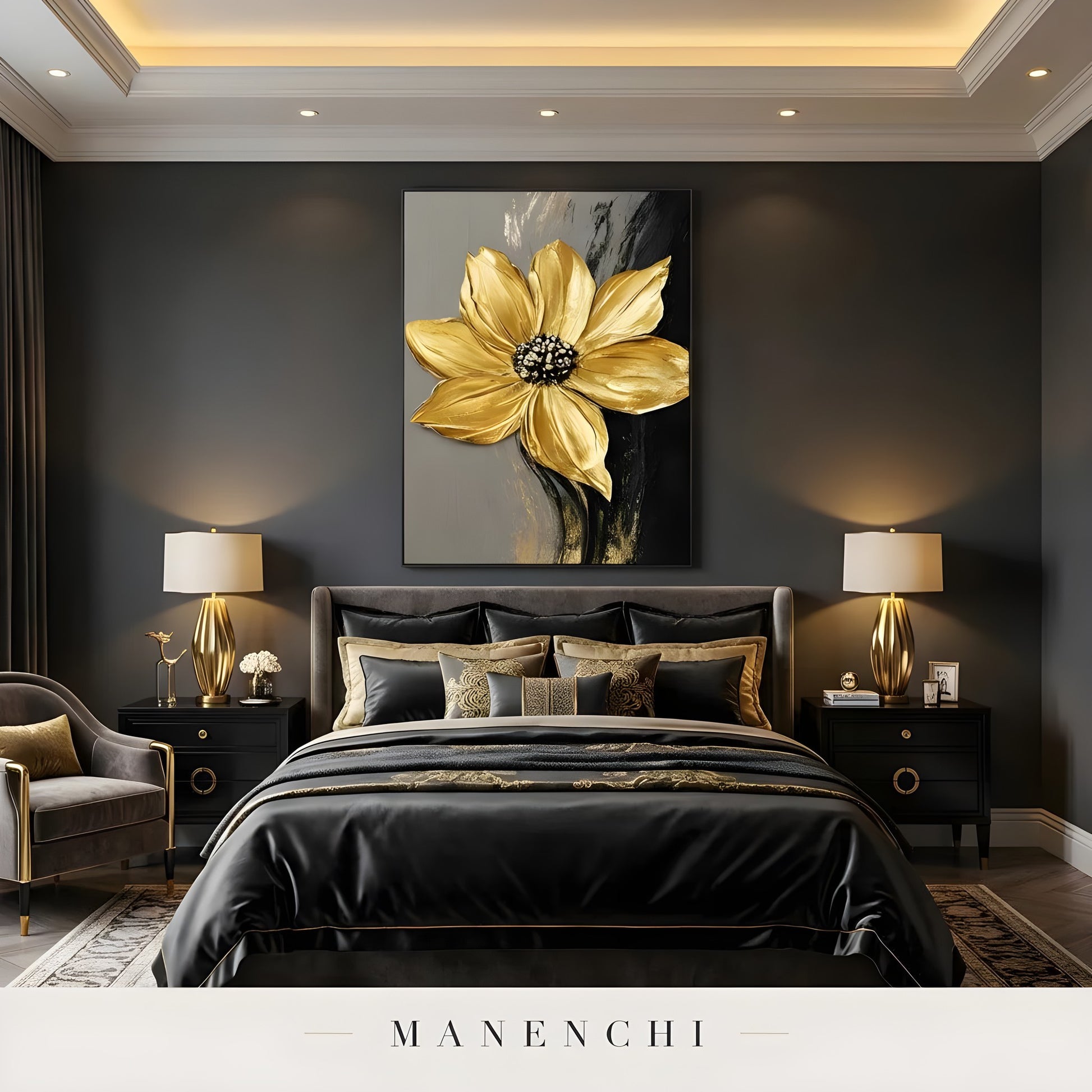 Gilded Obsidian Bloom abstract painting displayed in luxury master bedroom decor