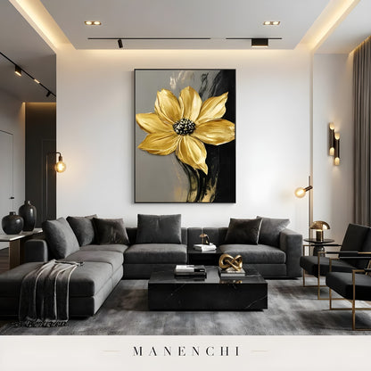 Gilded Obsidian Bloom abstract painting displayed in modern lounge area view