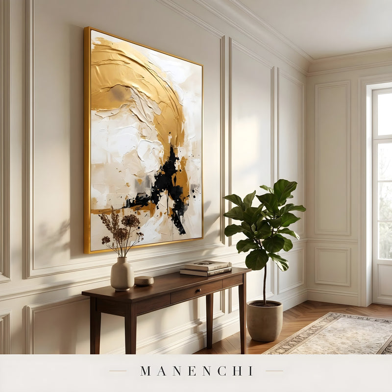 Gilded Obsidian Sweep abstract painting displayed in elegant hallway interior display