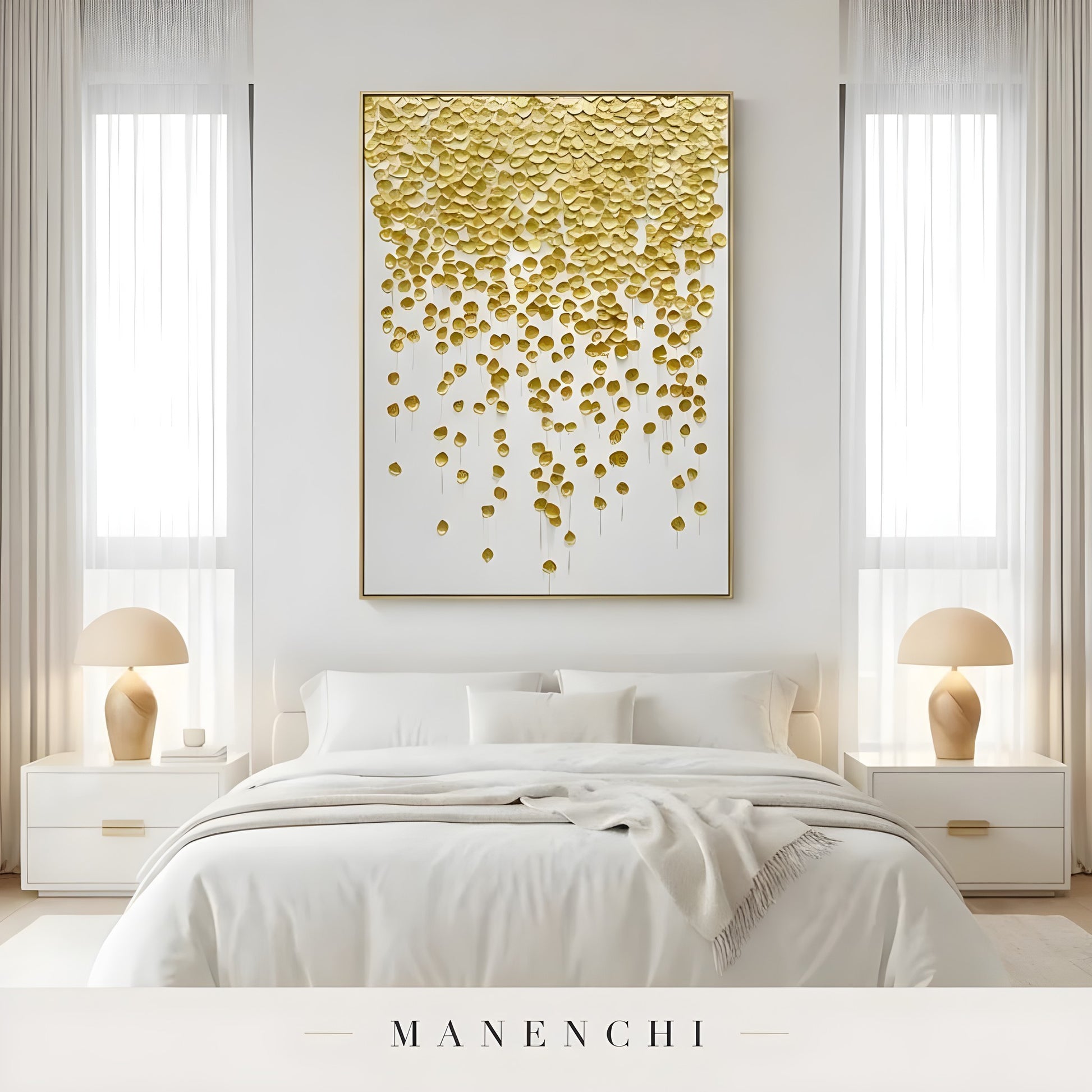Gilded Petal Descent abstract painting displayed in bedroom scene with painting