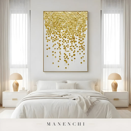 Gilded Petal Descent abstract painting displayed in bedroom scene with painting