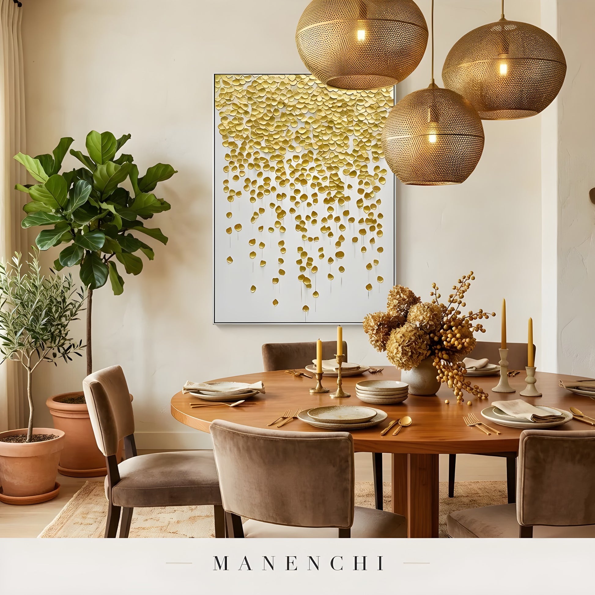 Gilded Petal Descent abstract painting displayed in dining room table setting